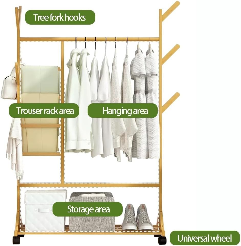 Generico Appendiabiti in bambù Resistente con Ruote e vano portascarpe - Supporto per Abiti Mobile per Camera da Letto, gruccia con Barre Appendiabiti, Organizer Elegante e Funzionale