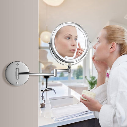 Rechargeable Wall Mounted Makeup Mirror, 8 Inch Double-Sided LED Vanity Mirror 1X/10X Magnification,3 Color Lights Touch Screen Dimmable 13 Inch Bathroom Mirror (Chrome)