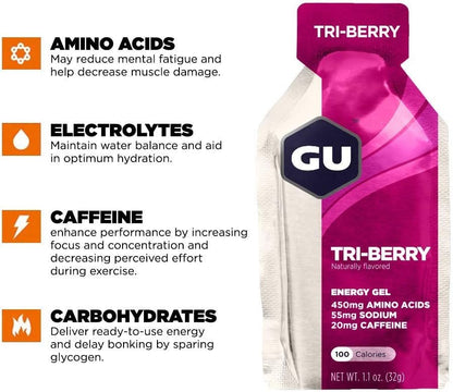 GU ENERGY Original Sports Nutrition Energy Gel, Vanilla Bean, 24-Count & Original Sports Nutrition Energy Gel, Tri Berry, 24-Count