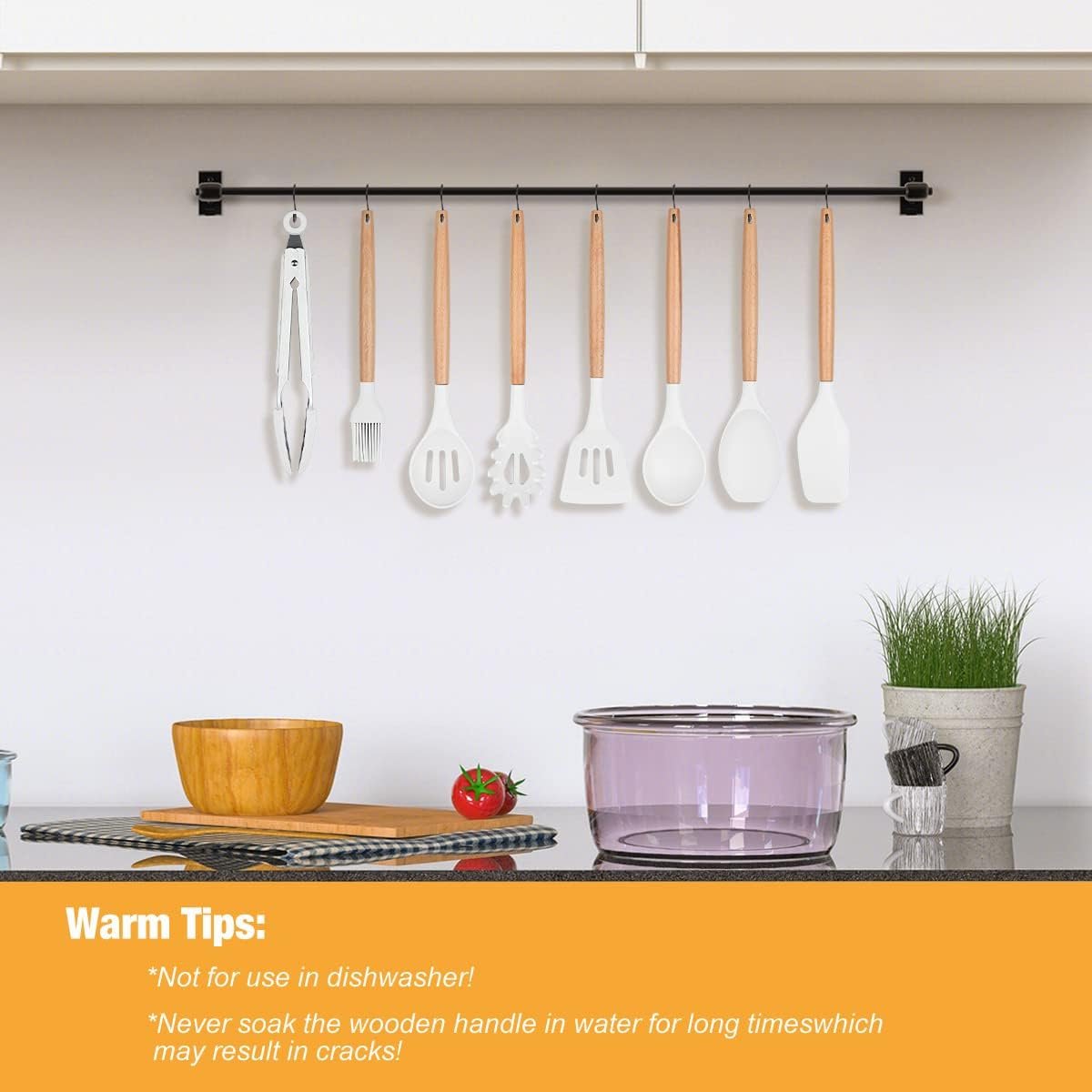 Lychee 12 Pieces Silicone Kitchen Utensils Set with Stand, Non-Stick Cookware, Heat Resistant Wooden Handles, Kitchen Utensils, BPA Free, Non-Toxic, Spatula, Spoon, Kitchen Gadgets