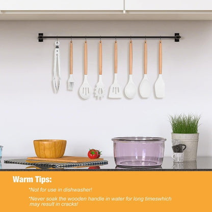 Lychee 12 Pieces Silicone Kitchen Utensils Set with Stand, Non-Stick Cookware, Heat Resistant Wooden Handles, Kitchen Utensils, BPA Free, Non-Toxic, Spatula, Spoon, Kitchen Gadgets