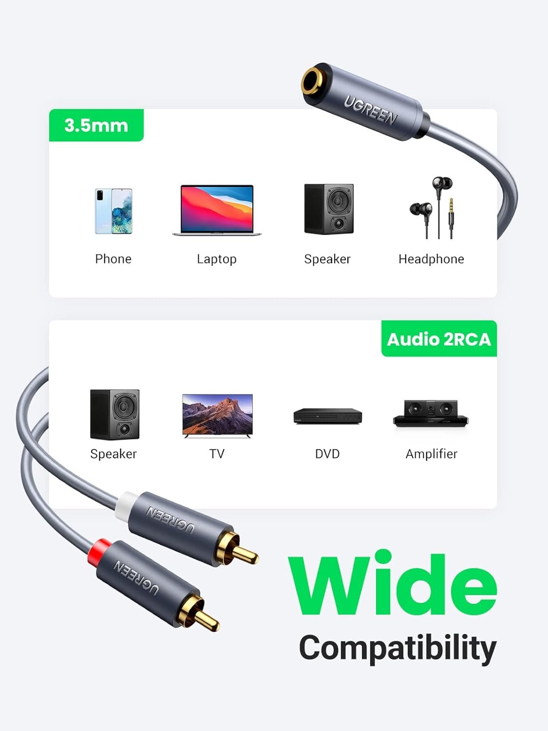 UGREEN RCA Cable 3.5mm Female to 2RCA Male Audio Stereo Adapter Aux Cord Headphone Jack Plug Y Splitter Connector Compatible with iPod MP3 DVD DJ Controller Speaker Amplifier (0.65FT)