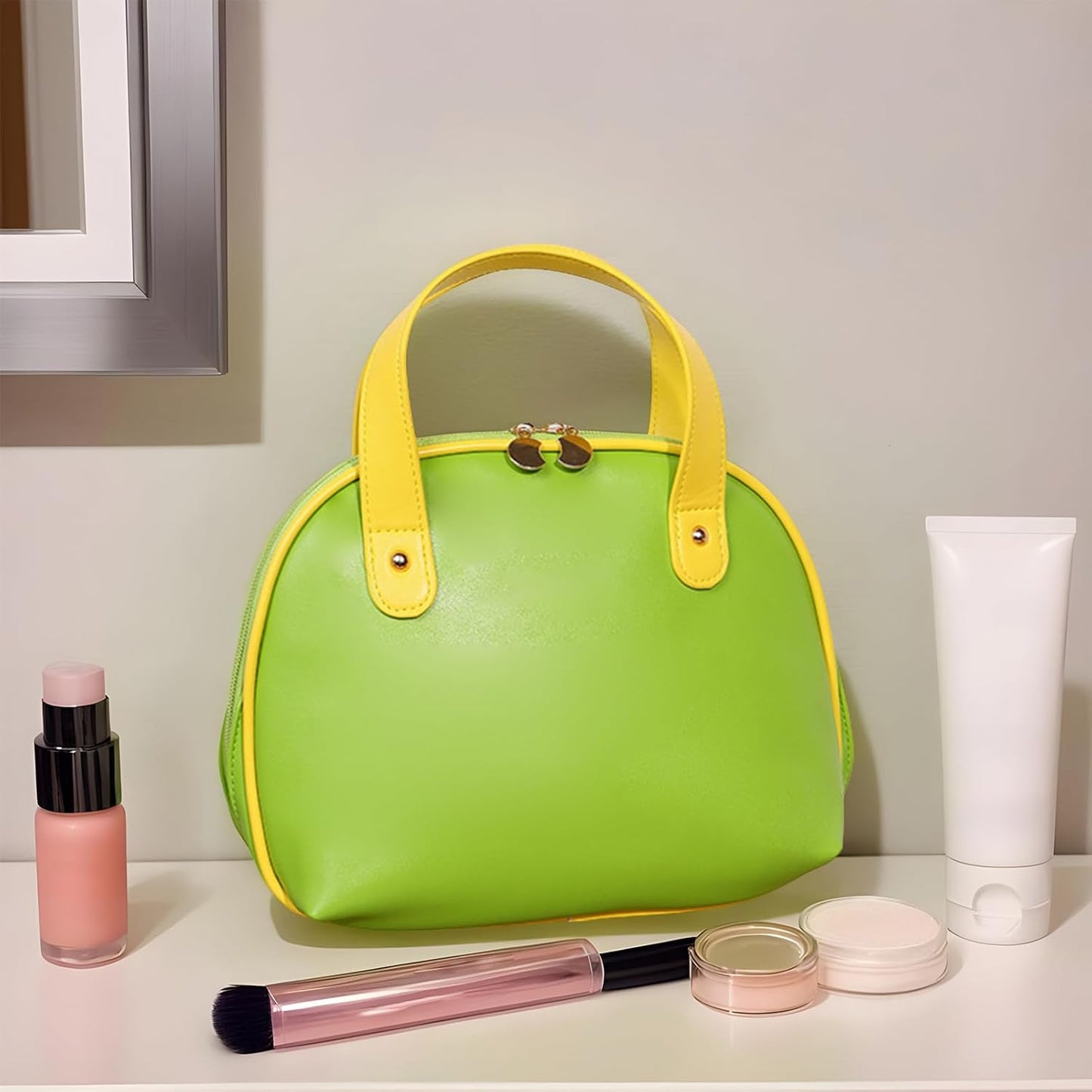 Cosmetic Bags Traveling, Travel Makeup Bag, 10,63 x 2,76 x 8,27 pollici, custodia in pelle impermeabile, spazzola sicura, compatta Beauty Organizer per viaggi e uso quotidiano, verde
