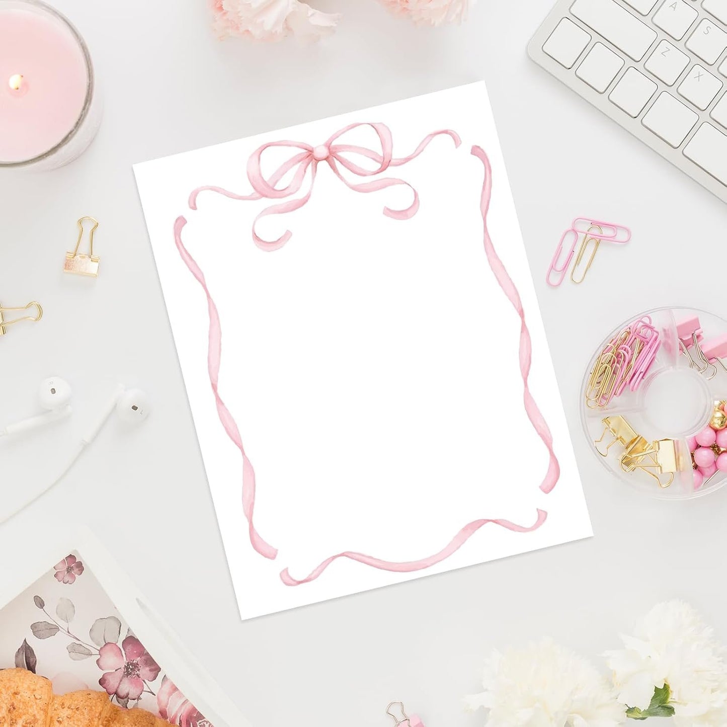Whaline 60 Pink Bow Stationery Paper Set Cute Bow Knot Letter Writing Paper with Envelopes for Greeting Card Invitation Office Printing, 8.5 x 11 Inch