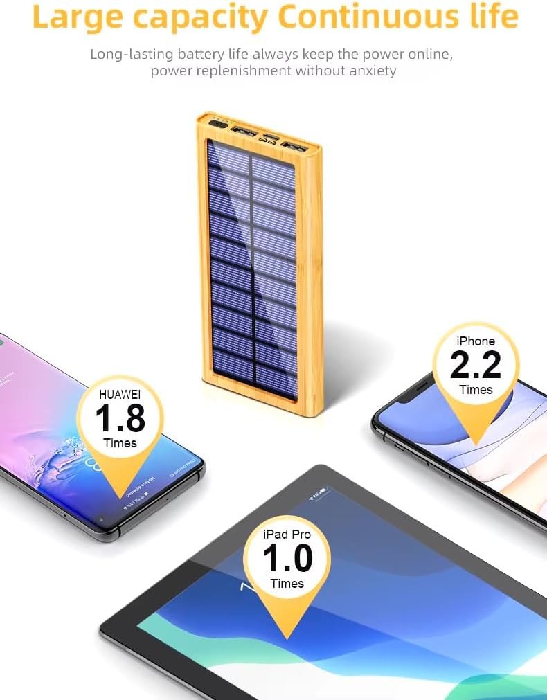 BamBoost Solar Charger Power Bank Bamboo Design - 36800mAh Power Bank, Portable Charger Eco Friendly External Battery Pack PD 22.5W and QC 3.0 Fast Charging Super Bright Flashlight Phone Charger
