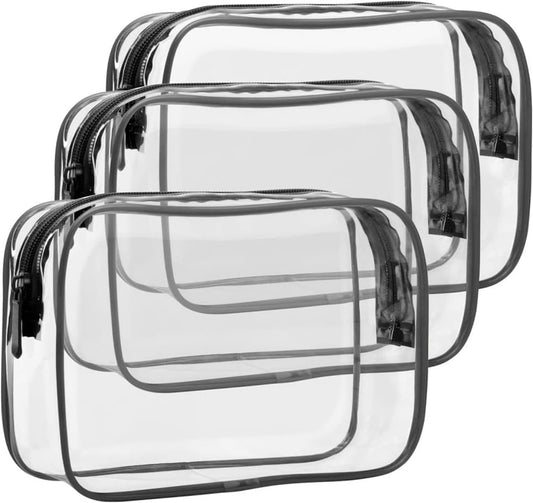 3 Pcs Clear TSA Approved Toiletry Bags - Clear Makeup Bags, Travel Bags, Waterproof Clear Cosmetic Bag, Portable Airport Airline Compliant Bag (Black)