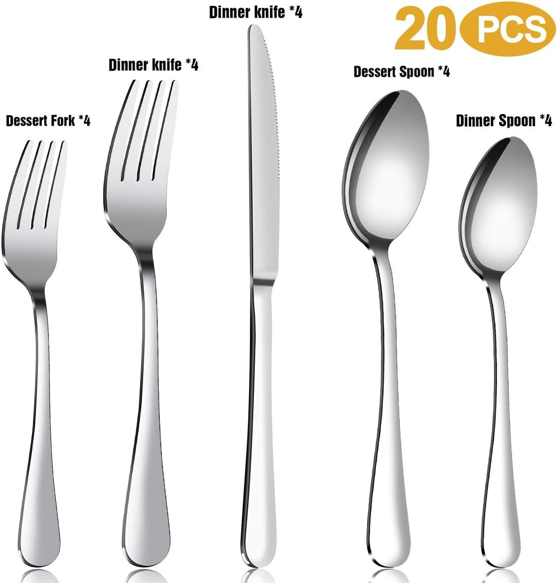 Flatware Set, 20-Piece Cutlery Set for 4, Stainless Steel Premium Silverware Sets with Forks Spoons Knife, MASSUGAR Utensils Set, Dishwasher Safe