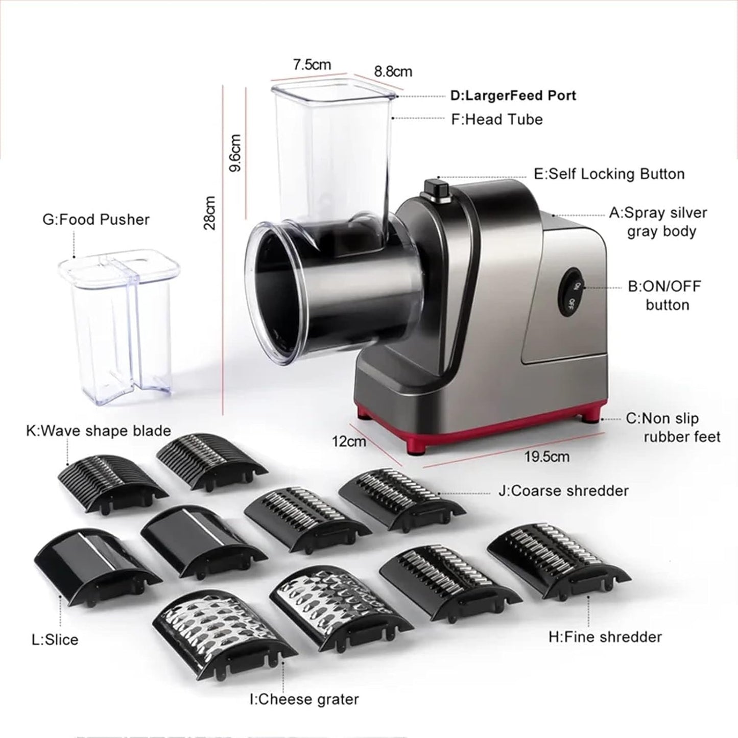 Electric Cheese Grater, 250W Professional Electric Slicer Shredder, Electric Salad Machine for Fruits, Vegetables, Cheeses, Salad Maker with 5 Free Attachments