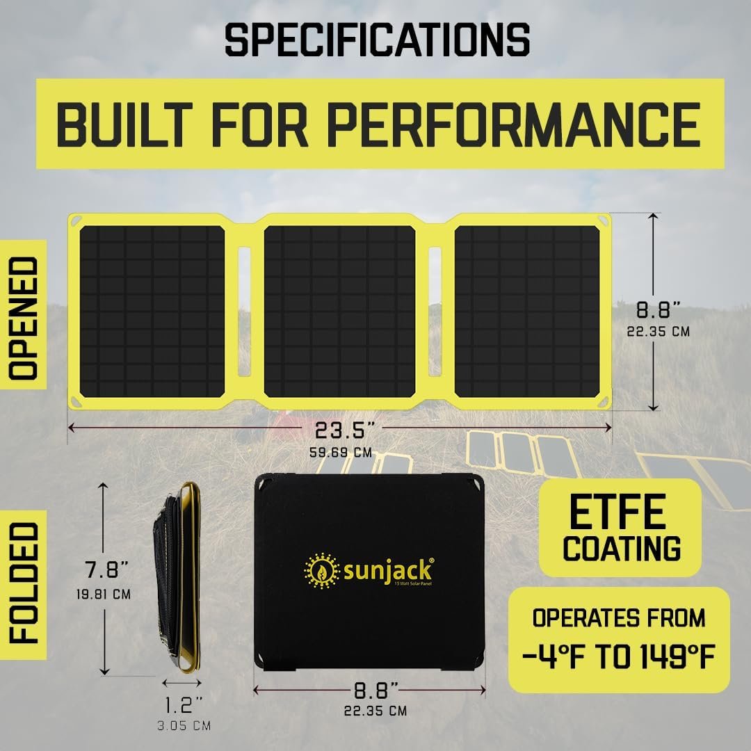 SunJack 15 Watt Foldable IP67 Waterproof ETFE Monocrystalline Solar Panel + 10000mAh Power Bank with USB-A and USB-C for Cell Phones Tablet and Portable for Backpacking, Camping, Hiking and More