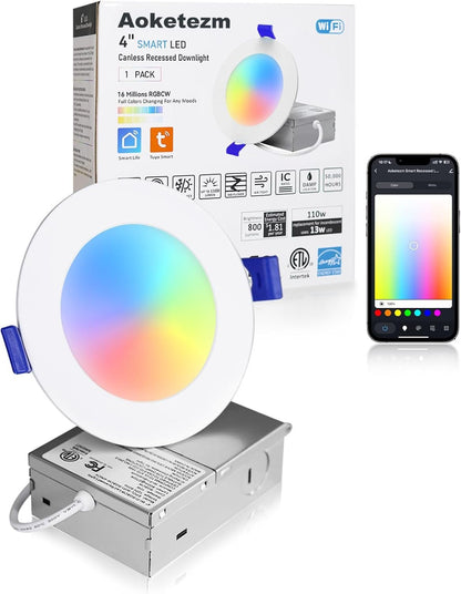 Smart Recessed Lighting 4 inch, RGBCW Color Changing LED Downlight, 9W 750LM Wi-Fi Bluetooth Soffit Light with Junction Box, Work with Alexa/Google Assistant, IC Rated & ETL Certified,1 Pack