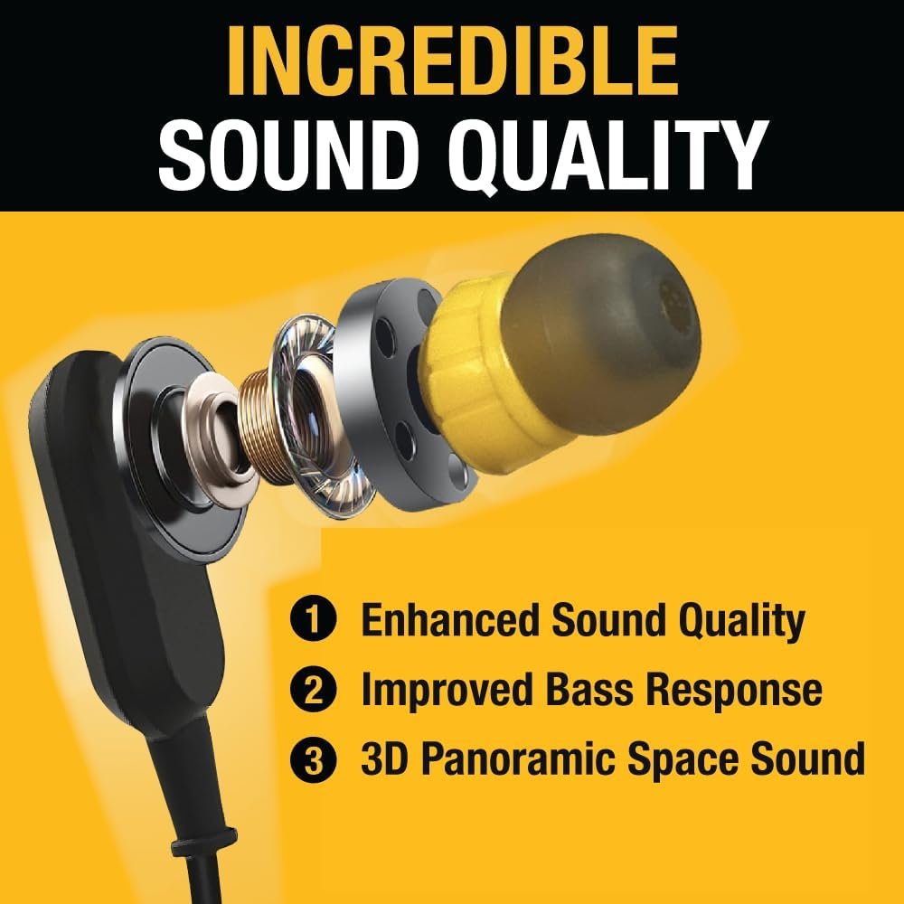 DEWALT Neckband Bluetooth Earbuds, Wireless Bluetooth 5.2 Headphones with Microphone, Ultra-Lightweight Comfort, IP56 Waterproof, Deep Bass Strong Beat, 20H Playtime, Jobsite Behind-Neck Earphones