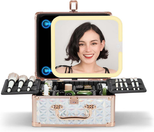 OMIRO Makeup Case, Travel Makeup Bag with Light Up Mirror, Organiser Box with Adjustable Brush Holder for Women and Girls (Small,Diamond Blue)