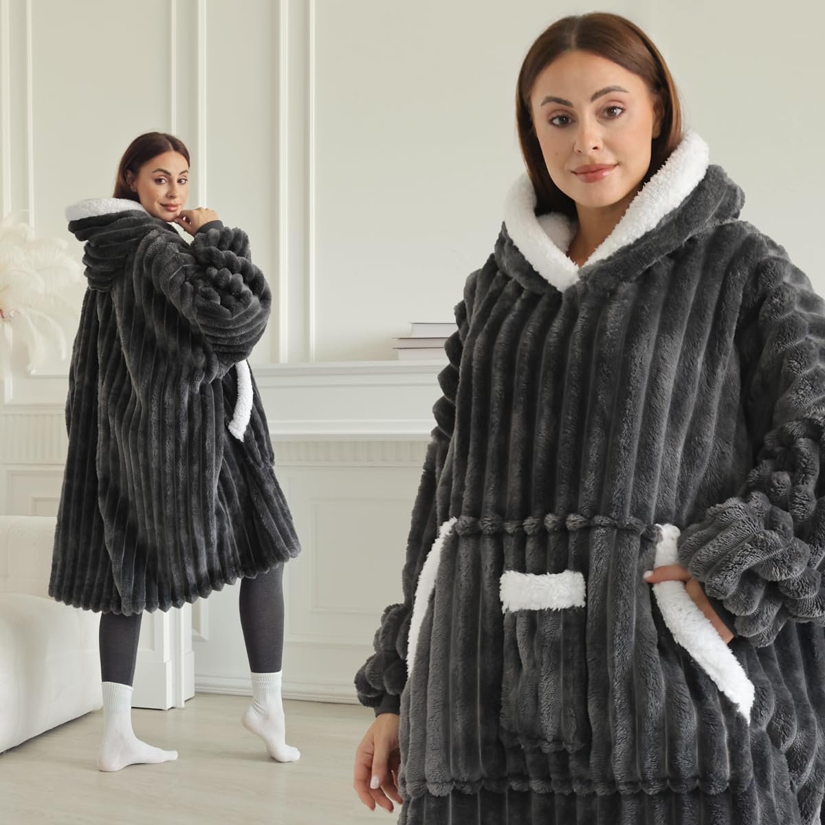 3D Jacquard Wearable Blanket Hoodie, Hooded Blankets for Adult Women, Warm Sweatshirt Blanket with Pockets and Sleeve