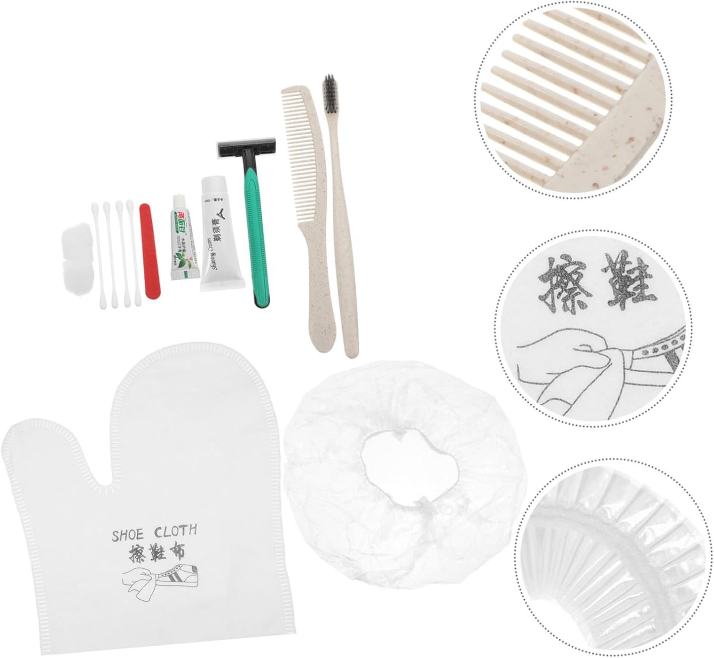 OATIPHO 1 Set Disposable Hotel Toiletries Kit Travel Essentials with Toothbrush Comb Shaving Razor Shower Cap Shoe Cleaning Cloth Random Color for Hotels Travel and Stays Random Color