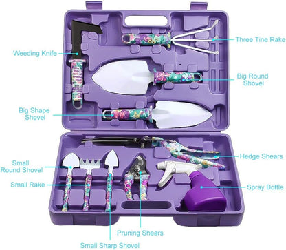 Garden Tool Set, Jhua 10 Pieces Gardening Tools with Carrying Case, Ergonomic Handle Trowel Rake Weeder Pruner Shears Sprayer, Garden Hand Tools Gardening Gifts for Women Men (Purple)