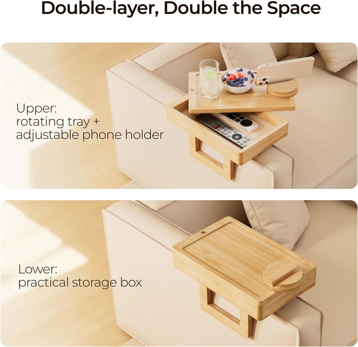 Wealone Mini Couch Arm Table for Narrow Armrest, Bamboo Sofa Arm Tray with Storage Box, Rotating Tabletop & Phone Stand, Adjustable Sofa Arm Table Clip for Snacks or Dining, Width of Armrest 1-7 Inch