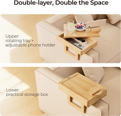 Wealone Mini Couch Arm Table for Narrow Armrest, Bamboo Sofa Arm Tray with Storage Box, Rotating Tabletop & Phone Stand, Adjustable Sofa Arm Table Clip for Snacks or Dining, Width of Armrest 1-7 Inch