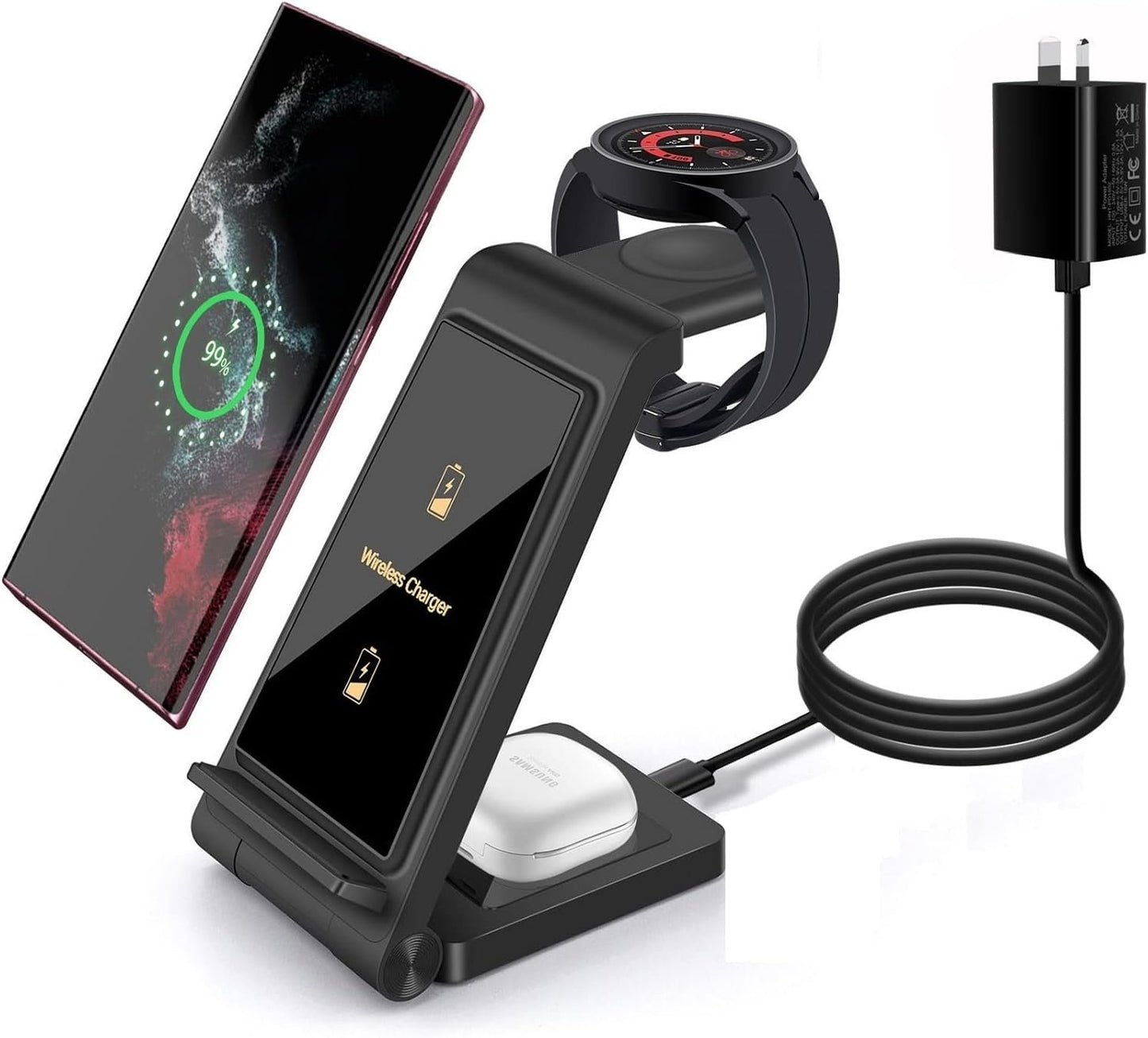 3 in 1 Wireless Charger Stand FDGAO Foldable 15W Fast Wireless Charging Station with Adapter for Samsung Galaxy S25 S24 S23 S22 S21 S20 Ultra S10 S9,Note20,Galaxy Watch 7/6/5 Pro/4/3,Galaxy Buds2 Pro