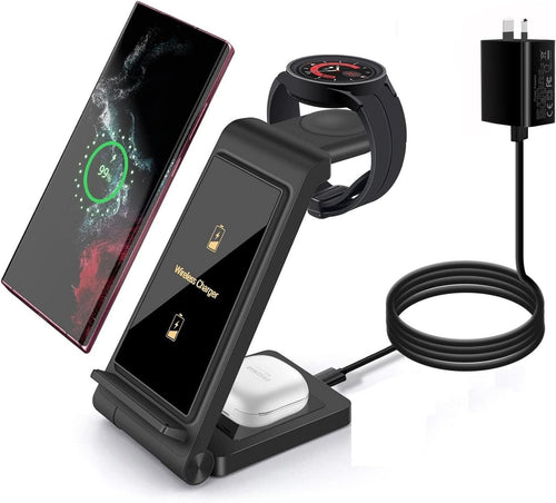 3 in 1 Wireless Charger Stand FDGAO Foldable 15W Fast Wireless Charging Station with Adapter for Samsung Galaxy S25 S24 S23 S22 S21 S20 Ultra S10 S9,Note20,Galaxy Watch 7/6/5 Pro/4/3,Galaxy Buds2 Pro