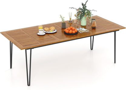 Tangkula 86.5-Inch Patio Dining Table, Indoor & Outdoor Dining Table w/Acacia Wood Tabletop & Metal Legs, Rectangular Wood Table w/Umbrella Hole for Patio Yard Deck, for 8 People