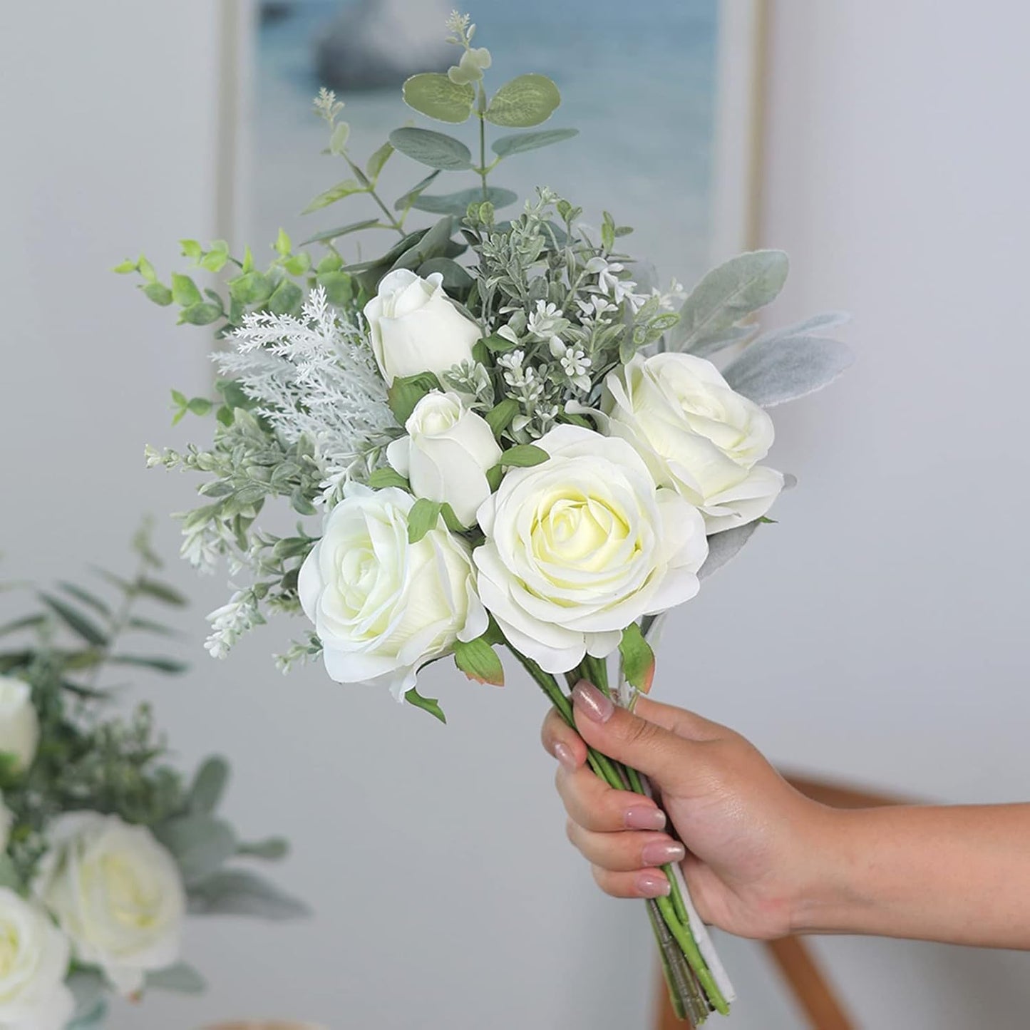 VIERENA Faux Flowers with Vase,Artificial Silk Roses in Vase,Fake Plant Eucalyptus Flower Arrangement for Home Office Farmhouse Bathroom Dining Table Centerpiece Decorations (White),106-HS-BAI