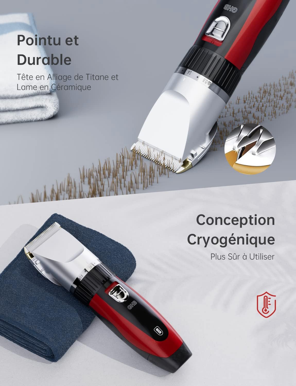 GHB Cordless Hair Clipper for Men, 2 Lithium Batteries, 14 Pieces for Men, Kids, Home Salon, Hairdresser