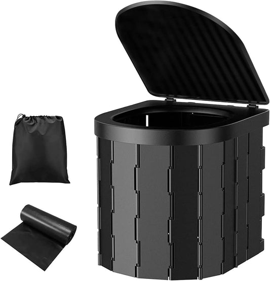 Aumerage Portable Folding Waterproof Camping Toilet with Lid & Carry Bag, Compact Travel Toilet for Camping, Hiking, Boat, Beach, Traffic Jam, Car and Outdoor Adventures (Black)