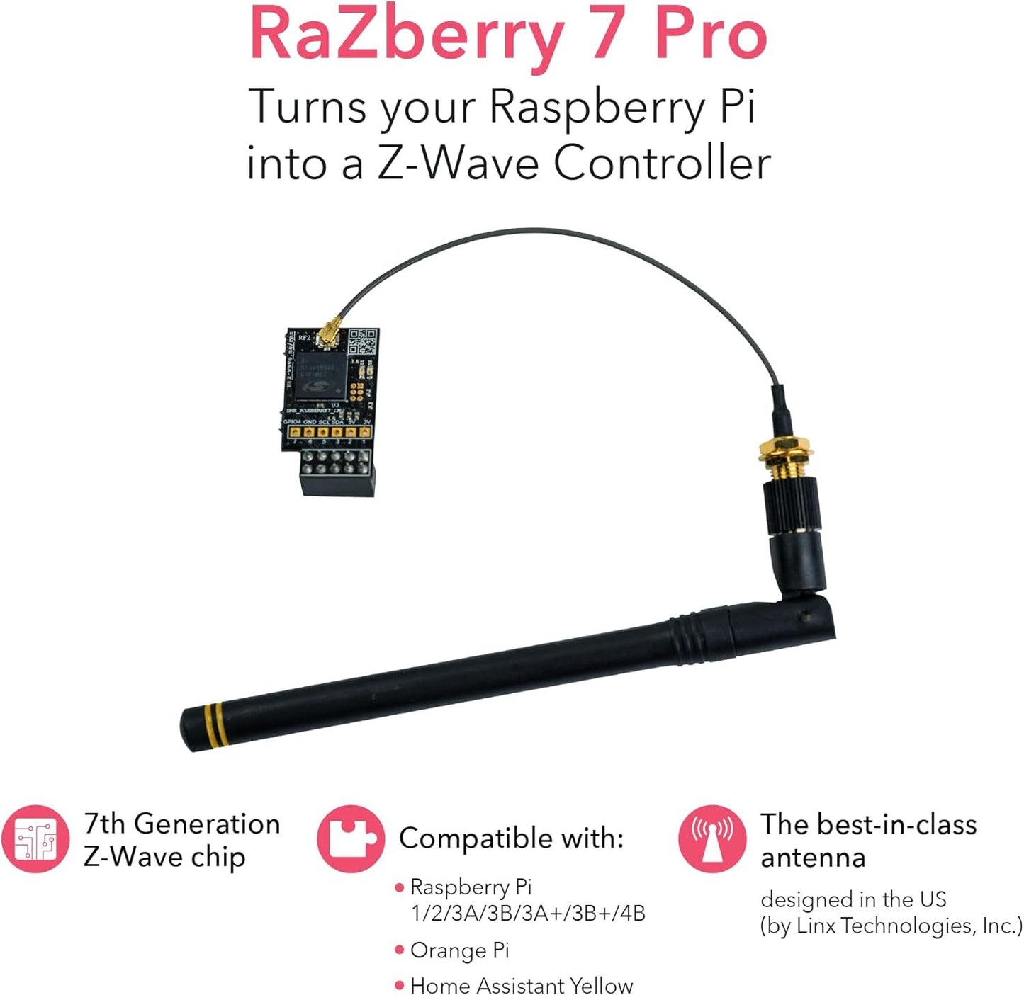 RaZberry 7 Pro - Z-Wave Plug-On Module for Raspberry Pi (US frequency), Great for DIY Smart Home. Compatible with Z-Way and Home Assistant