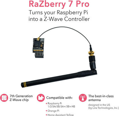 RaZberry 7 Pro - Z-Wave Plug-On Module for Raspberry Pi (US frequency), Great for DIY Smart Home. Compatible with Z-Way and Home Assistant