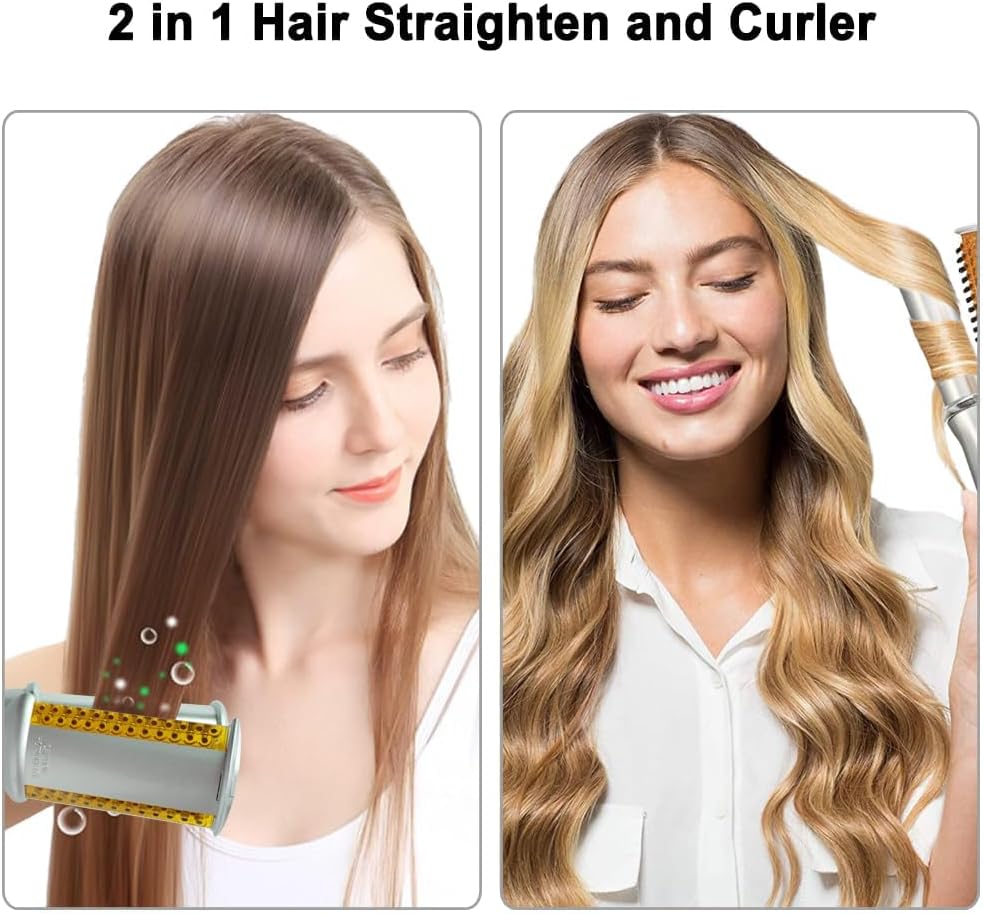 2 in1 Hair Curler Straighter Rotating Iron, Curling Iron Wand for Hair Curling and Straighting, Dry and Wet Styling Tool, Travel for Girls Women (Gray)