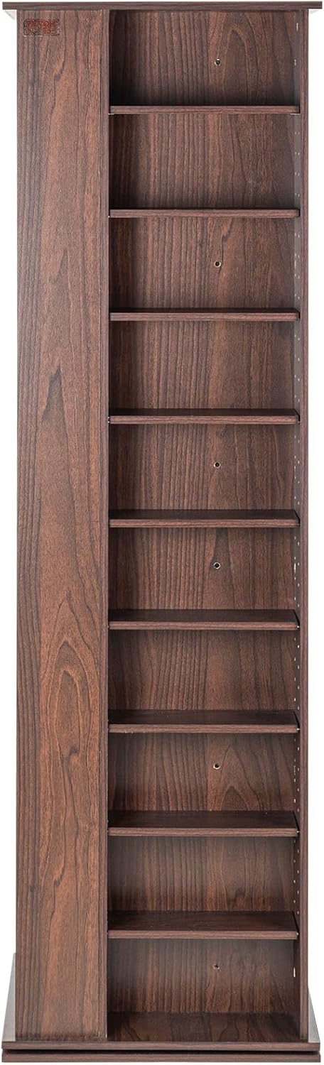 VEVOR Espresso Rotating Media Tower, 10-Adjustable Shelf, Wood & Iron, 164.5cm, Brown, Home Organization, Media, Memorabilia