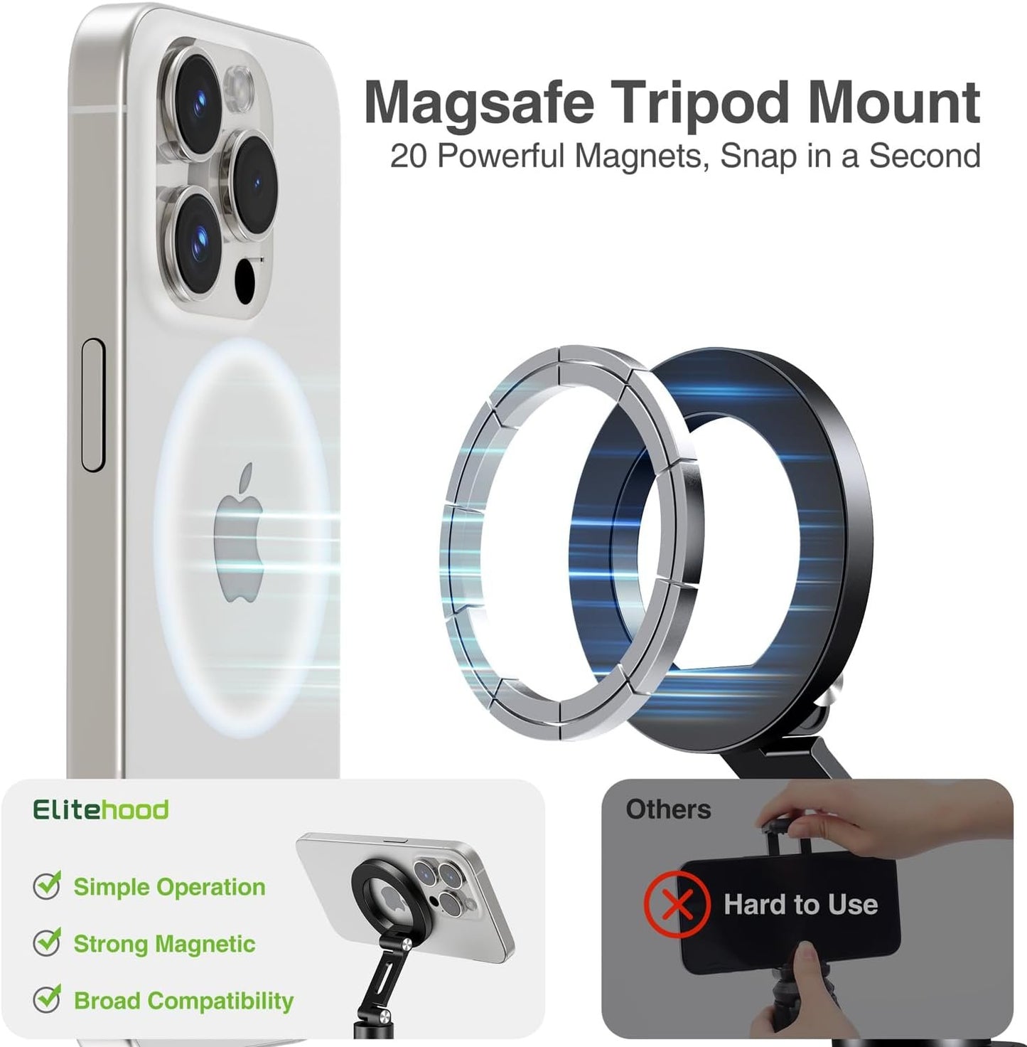 elitehood Aluminum Magnetic Phone Tripod Mount Adapter for MagSafe iPhone 15/14/13 Series with 1/4” Screw & Cold Shoe, Dual 180° Tilt Phone Mount for Portable Electronic Devices