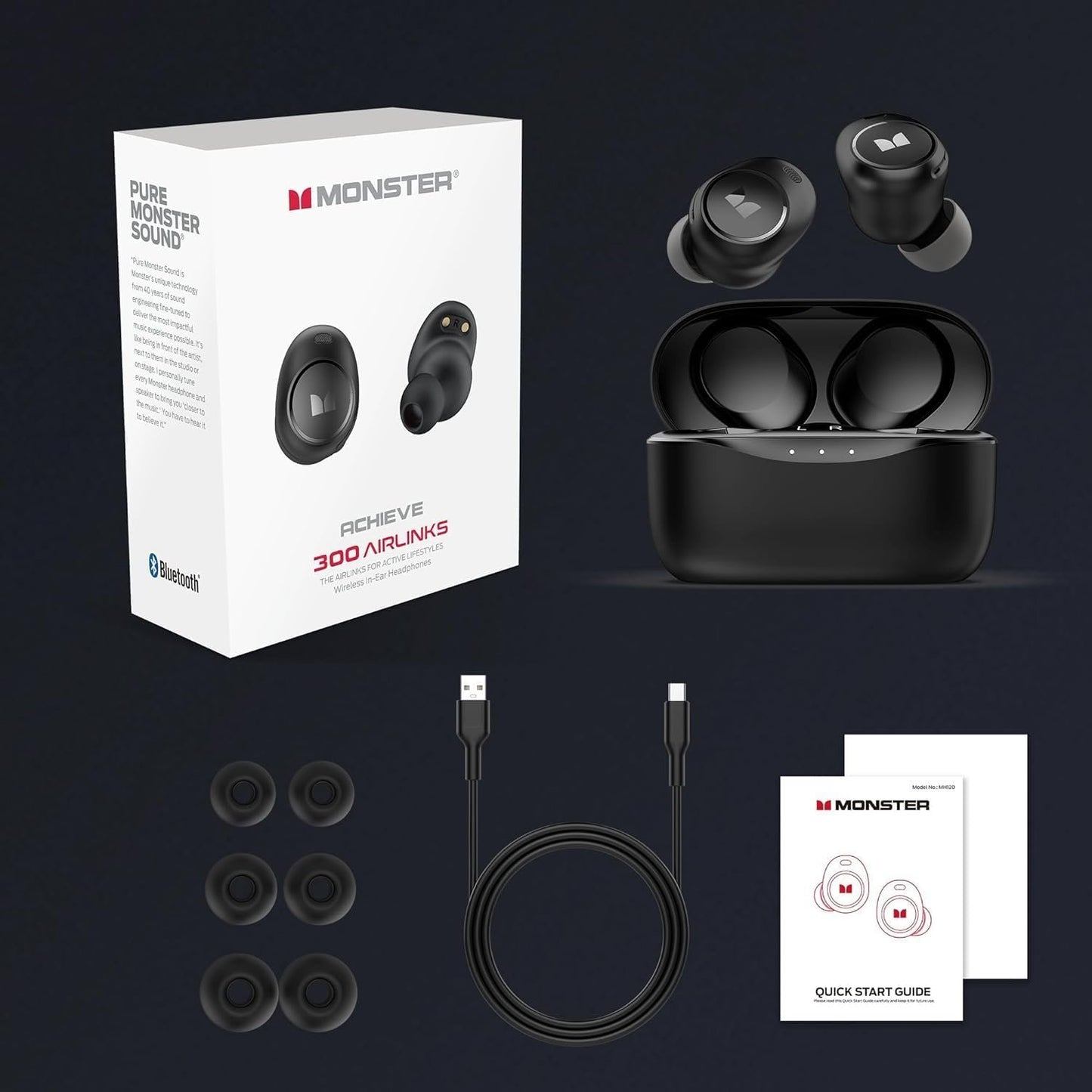 Monster Wireless Earbuds, Bluetooth 5.3 Headphones, Type-C Charging, HD Clear Call, Touch Control, IPX6 Waterproof, in-Ear Design, USB-C Fast Charging, 32H Playtime, Black