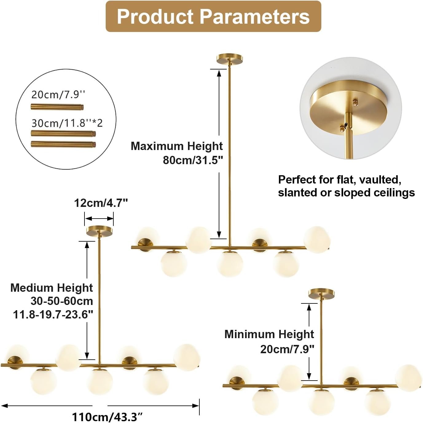 KCO Modern Gold Chandeliers Brushed Brass Ceiling Pendant Light Globe Glass Hanging Light for Dining Room Living Room Bedroom (7-Light)