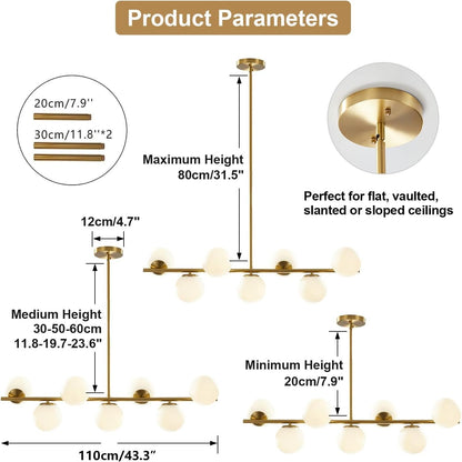 KCO Modern Gold Chandeliers Brushed Brass Ceiling Pendant Light Globe Glass Hanging Light for Dining Room Living Room Bedroom (7-Light)