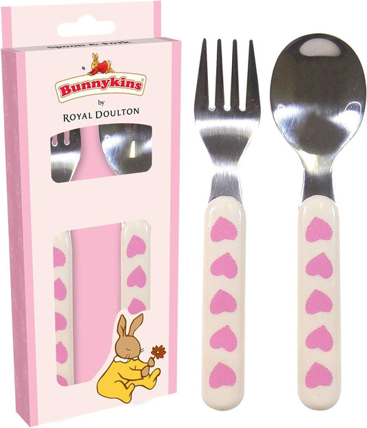 Bunnykins Spoon and Fork Set â€“ Pink Sweethearts Design, Toddler Cutlery Set, Stainless Steel & Melamine, Safe & Durable, Easy-Grip Utensils for Kids 18+ Months
