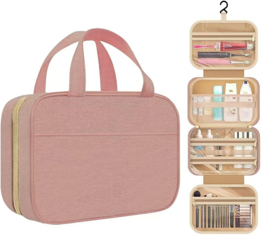 4 Pocket Card Binder, Toiletry Bag with Hanging Hook, Water-Resistant Makeup Cosmetic Bag Travel Organizer for Travel-Sized Shampoo, Conditioner, Brushes Set, Makeup Accessories, Pink