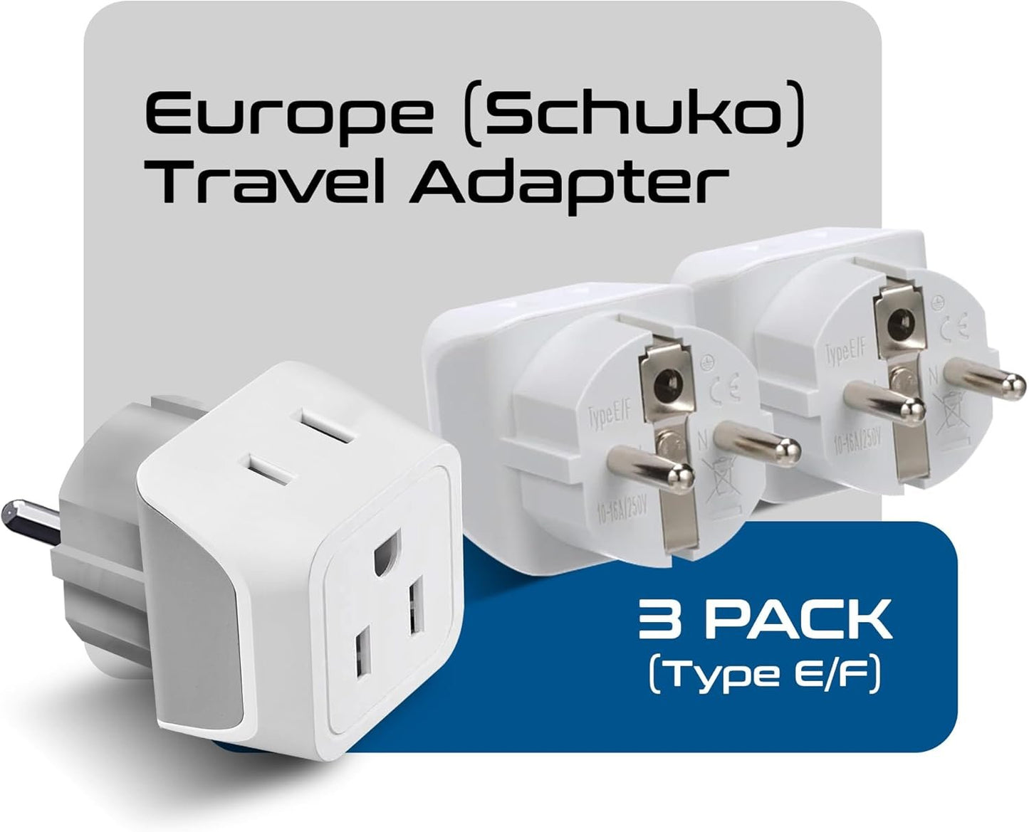 Ceptics Canada to European (Schuko) Travel Adapter (Type E/F) - Dual Input - Ultra Compact - Charge your Cell Phone, Laptops, Tablets (CT-9, 3 Pack)