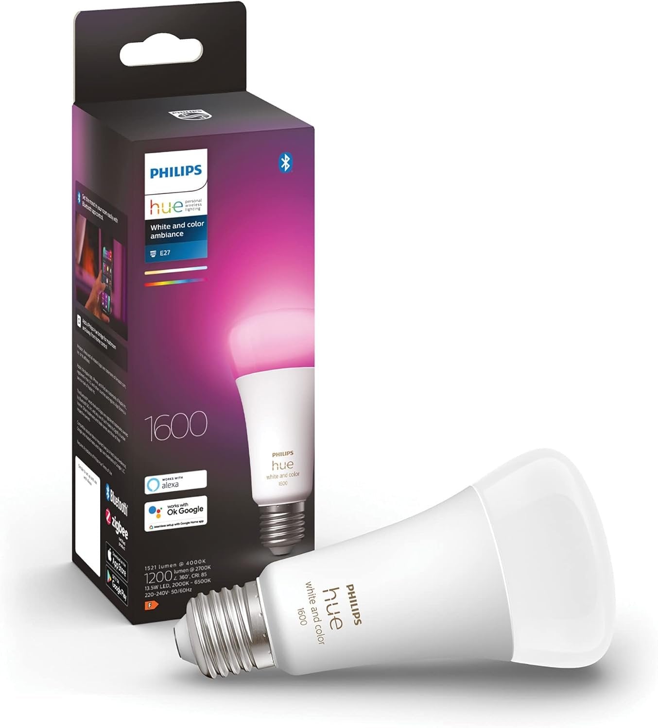 Philips Hue White and Colour Ambiance Smart Light Bulb 100W - 1600 Lumen [E27 Edison Screw] with Bluetooth. for Indoor Home Lighting, Livingroom, Bedroom. Works with Voice Control, Alexa.