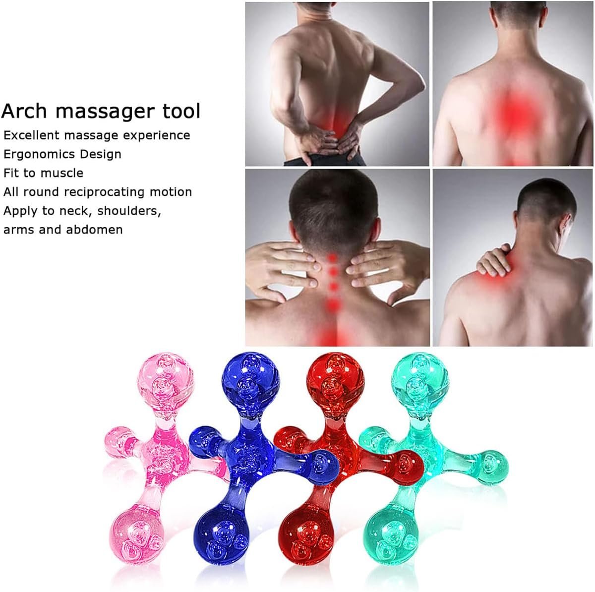 Jocaluyia 2 PCS 4 Point Manual Massager Deep Muscle Tissue Trigger Point Massage Tool, Handheld Palm Pressure Point Massage Tool, for Neck Shoulder Back Muscle Pain Relief (Red)