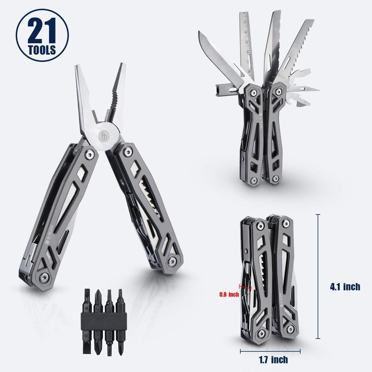 Gift for Him, BIBURY Multitool Pliers,Titanium 21-in-1 Multi-Purpose Pocket Knife Pliers Kit, 420 Durable Stainless Steel Multi-Plier Multi-Tool for Survival, Camping, Hunting, Fishing and Hiking