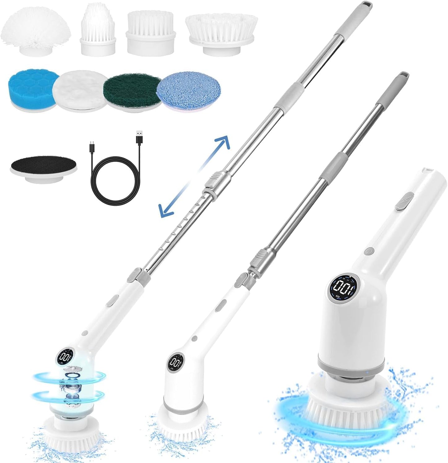 Electric Spin Scrubber, 9 in 1 Electric Cleaning Brush, Electric Cleaning Brush with Extendable Arm,Large Power with 3 Adjustable Speeds, Shower Cleaner Brush for Bathroom, Tub, Toilet, Kitchen (Grey)