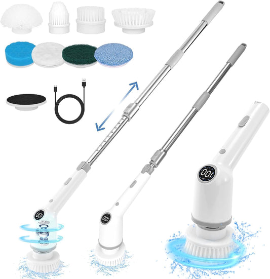 Electric Spin Scrubber, 9 in 1 Electric Cleaning Brush, Electric Cleaning Brush with Extendable Arm,Large Power with 3 Adjustable Speeds, Shower Cleaner Brush for Bathroom, Tub, Toilet, Kitchen (Grey)