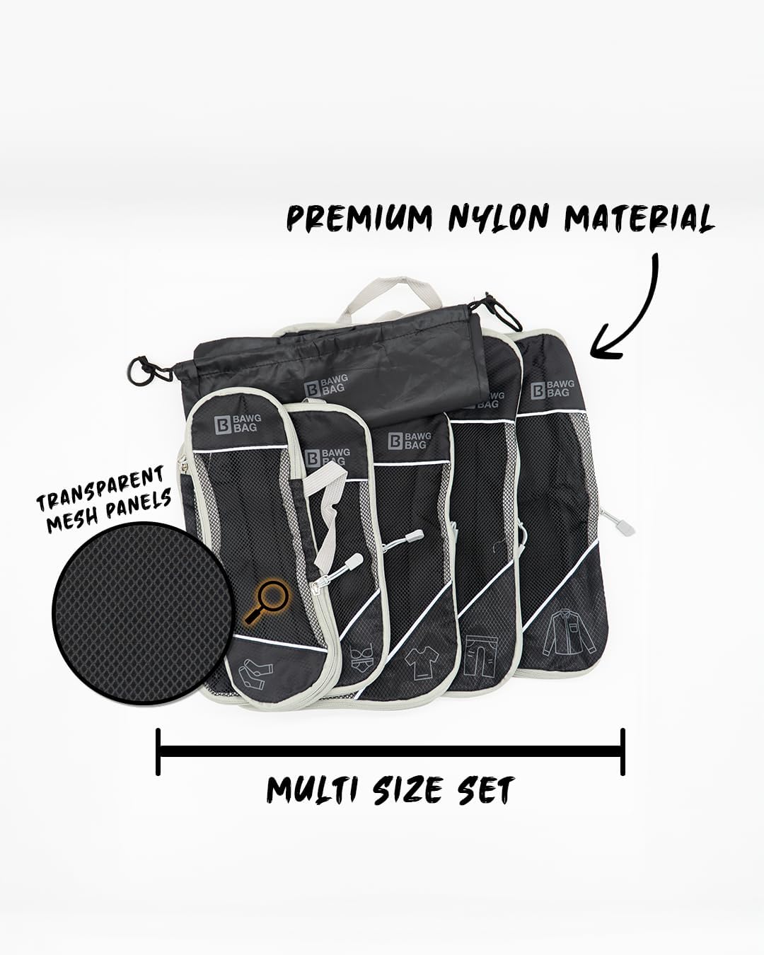 Travel packing cube set of 6 compression packing cubes, large lightweight nylon material upgrade your travel packing with BAWGBAGS Space-Saving, durable, and organized cubes. (Black)