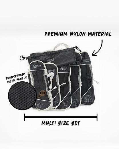 Travel packing cube set of 6 compression packing cubes, large lightweight nylon material upgrade your travel packing with BAWGBAGS Space-Saving, durable, and organized cubes. (Black)