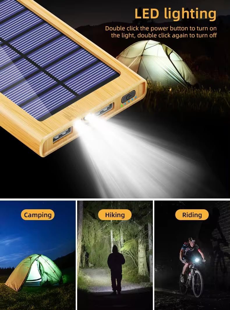 BamBoost Solar Charger Power Bank Bamboo Design - 36800mAh Power Bank, Portable Charger Eco Friendly External Battery Pack PD 22.5W and QC 3.0 Fast Charging Super Bright Flashlight Phone Charger