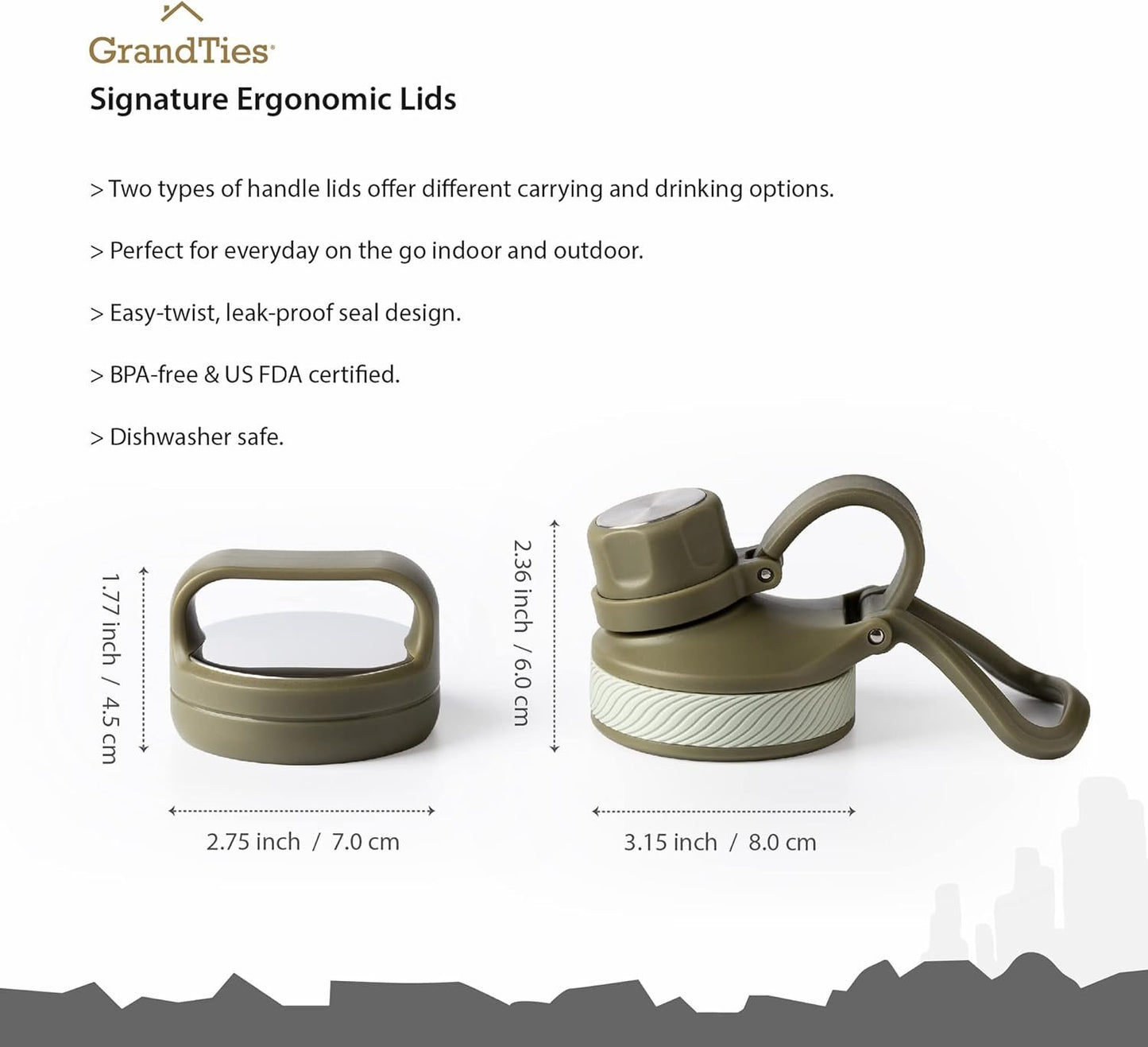 GrandTies 2 Lids Sports Stainless Steel Water Bottle– 32oz, Reusable Wide Mouth Vacuum Insulated Water Bottles, Travel Metal Canteen, Coldest Water Bottle for Men and Women–Olive Green