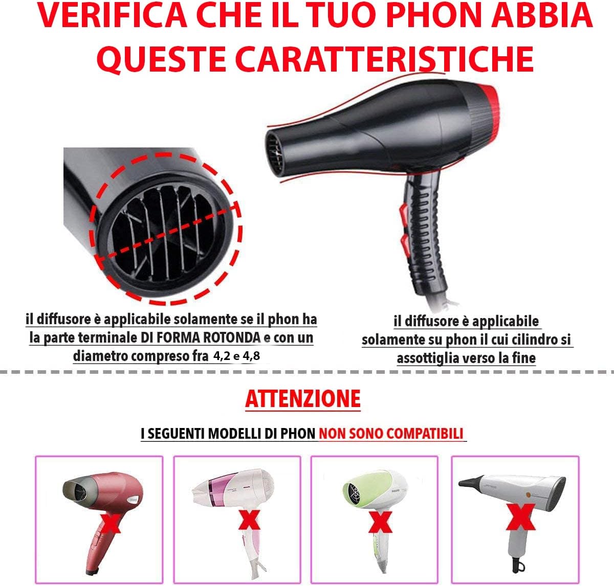 Silicone Diffuser for Phone Hair Dryer with Neck 4.3 – 4.8 cm Retractable Hair Dryer | Dimensions in Description for Compatibility with Your Phone | Colour Selectable (Black)