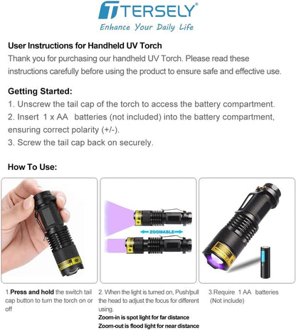 UV Torch,T Tersely UV Light Ultraviolet LED Flashlight Blacklight Portable Flashlight Torches 395nm LED Black Light Mini Flashlights Detector Zoomable with Clip SK68(AA Batteries Not Included)