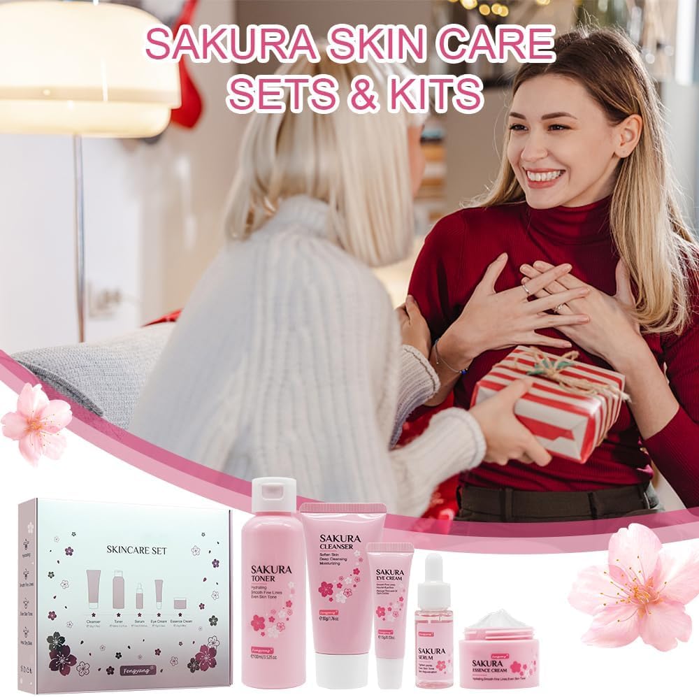 Fengyang® Sakura Skin Care Kit 5 Piece Skin Care Set Sakura Skin Care Kit Moisturizing Gift Women Facial Tool With Cherry Blossom Extract (5set)